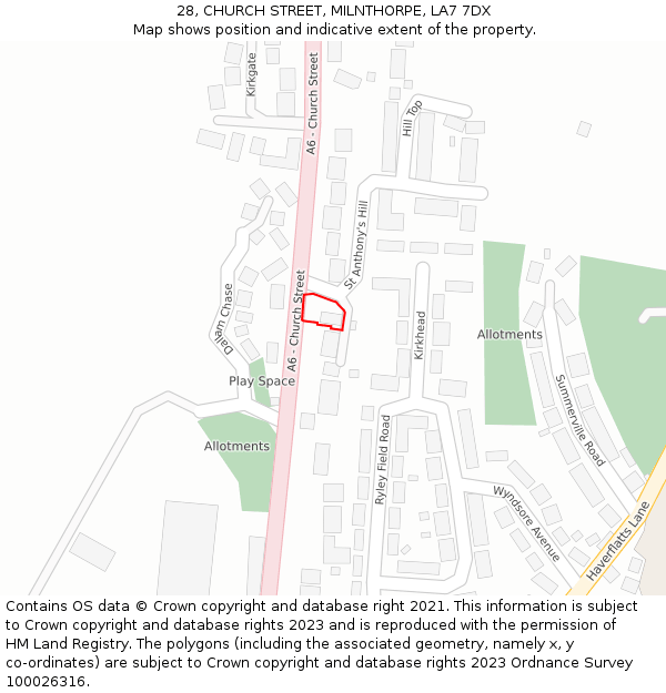 28, CHURCH STREET, MILNTHORPE, LA7 7DX: Location map and indicative extent of plot