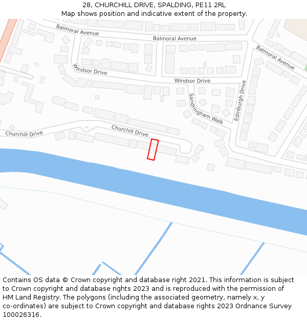 28, CHURCHILL DRIVE, SPALDING, PE11 2RL: Location map and indicative extent of plot