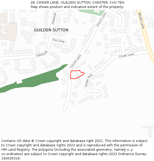 28, CINDER LANE, GUILDEN SUTTON, CHESTER, CH3 7EN: Location map and indicative extent of plot