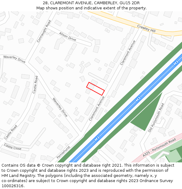 28, CLAREMONT AVENUE, CAMBERLEY, GU15 2DR: Location map and indicative extent of plot