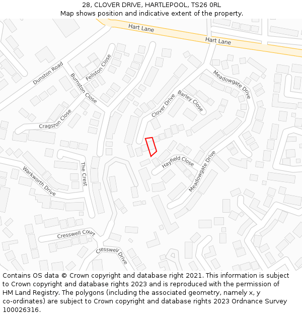 28, CLOVER DRIVE, HARTLEPOOL, TS26 0RL: Location map and indicative extent of plot