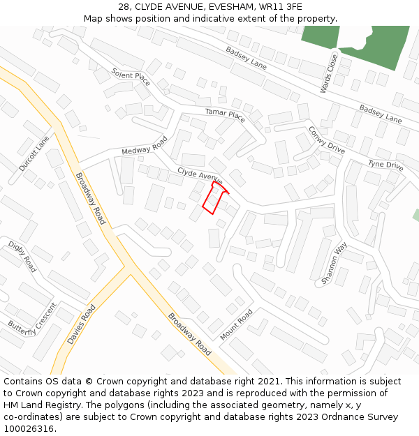 28, CLYDE AVENUE, EVESHAM, WR11 3FE: Location map and indicative extent of plot