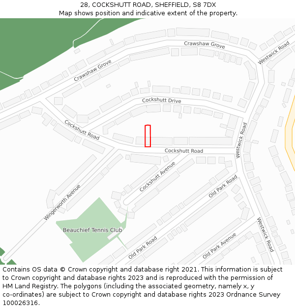 28, COCKSHUTT ROAD, SHEFFIELD, S8 7DX: Location map and indicative extent of plot