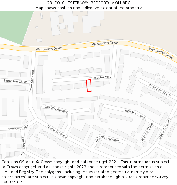 28, COLCHESTER WAY, BEDFORD, MK41 8BG: Location map and indicative extent of plot