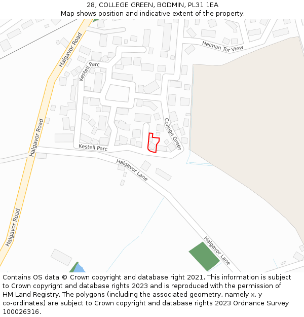 28, COLLEGE GREEN, BODMIN, PL31 1EA: Location map and indicative extent of plot