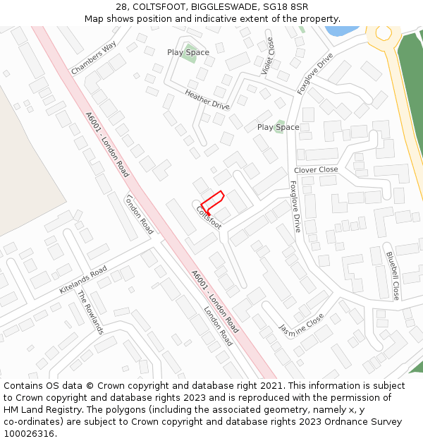 28, COLTSFOOT, BIGGLESWADE, SG18 8SR: Location map and indicative extent of plot