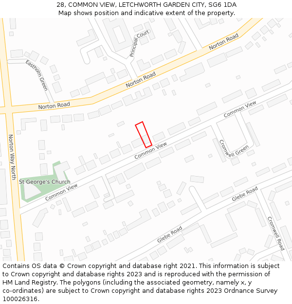 28, COMMON VIEW, LETCHWORTH GARDEN CITY, SG6 1DA: Location map and indicative extent of plot