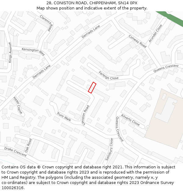 28, CONISTON ROAD, CHIPPENHAM, SN14 0PX: Location map and indicative extent of plot