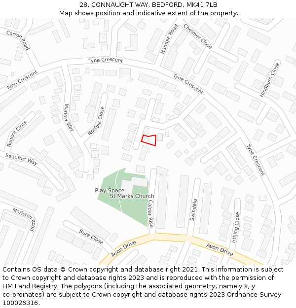 28, CONNAUGHT WAY, BEDFORD, MK41 7LB: Location map and indicative extent of plot