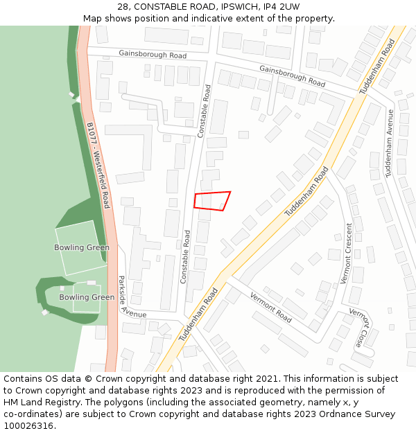 28, CONSTABLE ROAD, IPSWICH, IP4 2UW: Location map and indicative extent of plot