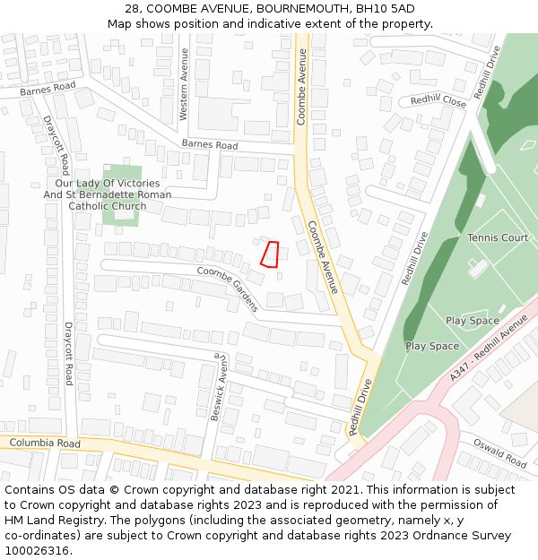 28, COOMBE AVENUE, BOURNEMOUTH, BH10 5AD: Location map and indicative extent of plot