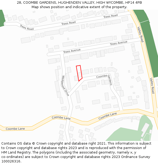 28, COOMBE GARDENS, HUGHENDEN VALLEY, HIGH WYCOMBE, HP14 4PB: Location map and indicative extent of plot