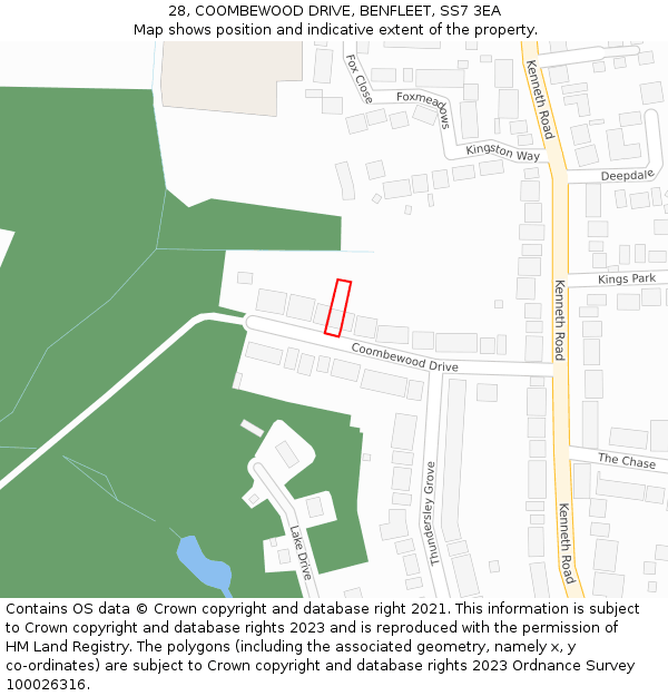 28, COOMBEWOOD DRIVE, BENFLEET, SS7 3EA: Location map and indicative extent of plot