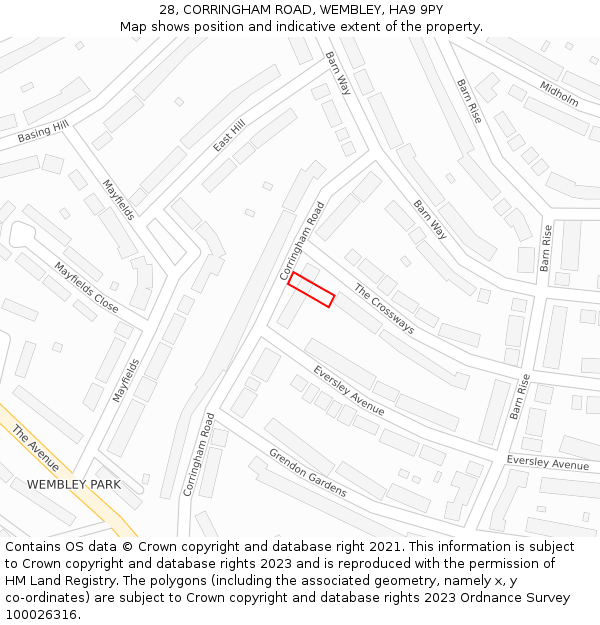28, CORRINGHAM ROAD, WEMBLEY, HA9 9PY: Location map and indicative extent of plot