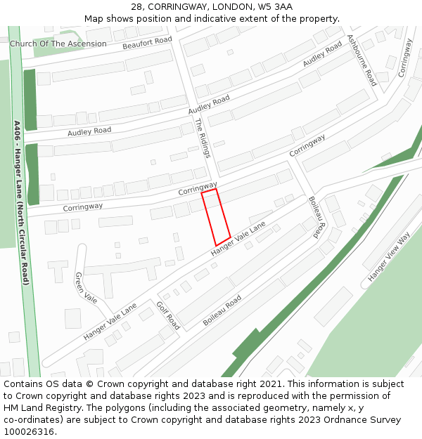 28, CORRINGWAY, LONDON, W5 3AA: Location map and indicative extent of plot