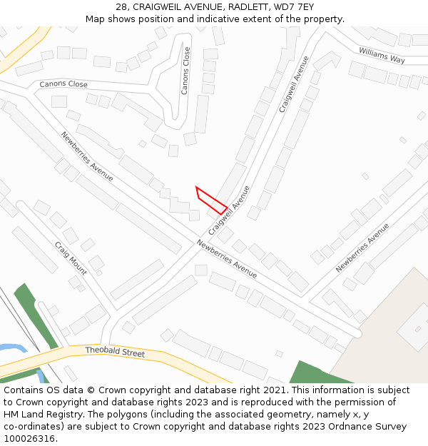 28, CRAIGWEIL AVENUE, RADLETT, WD7 7EY: Location map and indicative extent of plot