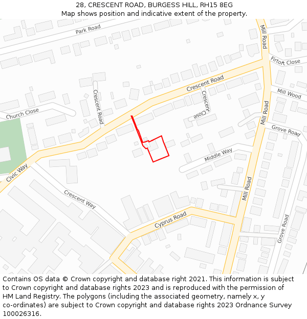 28, CRESCENT ROAD, BURGESS HILL, RH15 8EG: Location map and indicative extent of plot