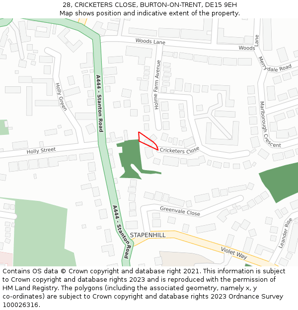 28, CRICKETERS CLOSE, BURTON-ON-TRENT, DE15 9EH: Location map and indicative extent of plot