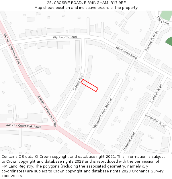 28, CROSBIE ROAD, BIRMINGHAM, B17 9BE: Location map and indicative extent of plot