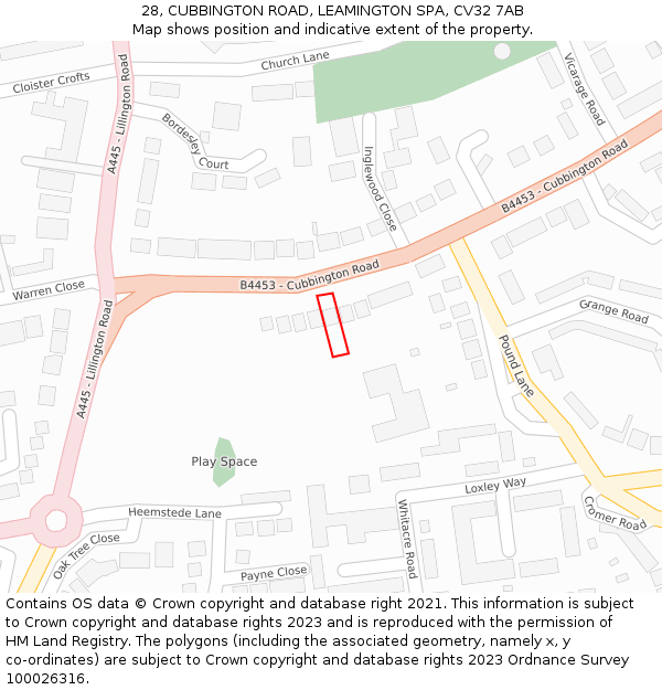 28, CUBBINGTON ROAD, LEAMINGTON SPA, CV32 7AB: Location map and indicative extent of plot