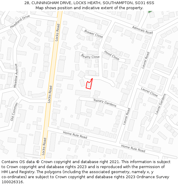 28, CUNNINGHAM DRIVE, LOCKS HEATH, SOUTHAMPTON, SO31 6SS: Location map and indicative extent of plot