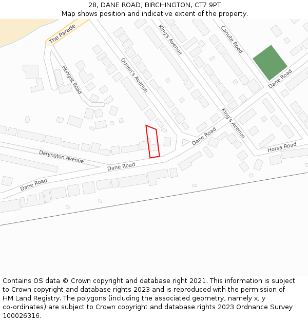 28, DANE ROAD, BIRCHINGTON, CT7 9PT: Location map and indicative extent of plot
