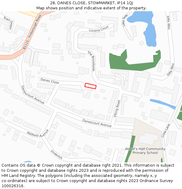 28, DANES CLOSE, STOWMARKET, IP14 1QJ: Location map and indicative extent of plot