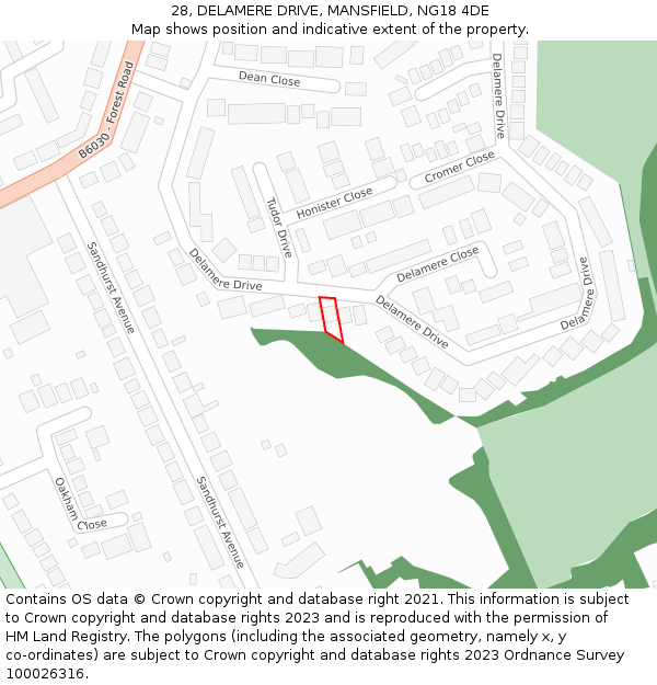 28, DELAMERE DRIVE, MANSFIELD, NG18 4DE: Location map and indicative extent of plot