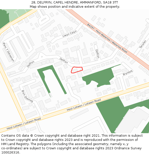 28, DELFRYN, CAPEL HENDRE, AMMANFORD, SA18 3TT: Location map and indicative extent of plot