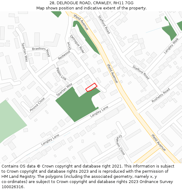 28, DELROGUE ROAD, CRAWLEY, RH11 7GG: Location map and indicative extent of plot