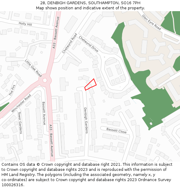 28, DENBIGH GARDENS, SOUTHAMPTON, SO16 7PH: Location map and indicative extent of plot