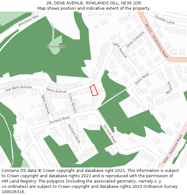 28, DENE AVENUE, ROWLANDS GILL, NE39 1DR: Location map and indicative extent of plot