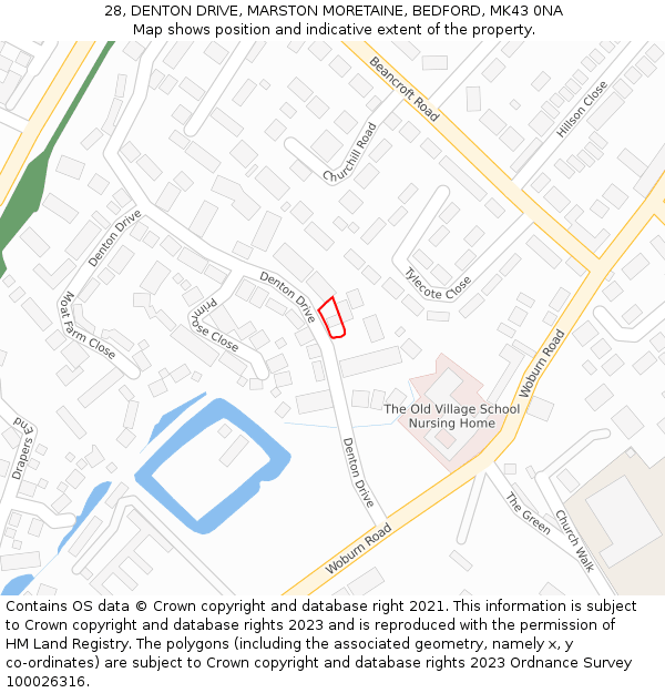 28, DENTON DRIVE, MARSTON MORETAINE, BEDFORD, MK43 0NA: Location map and indicative extent of plot