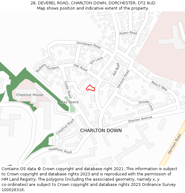 28, DEVEREL ROAD, CHARLTON DOWN, DORCHESTER, DT2 9UD: Location map and indicative extent of plot