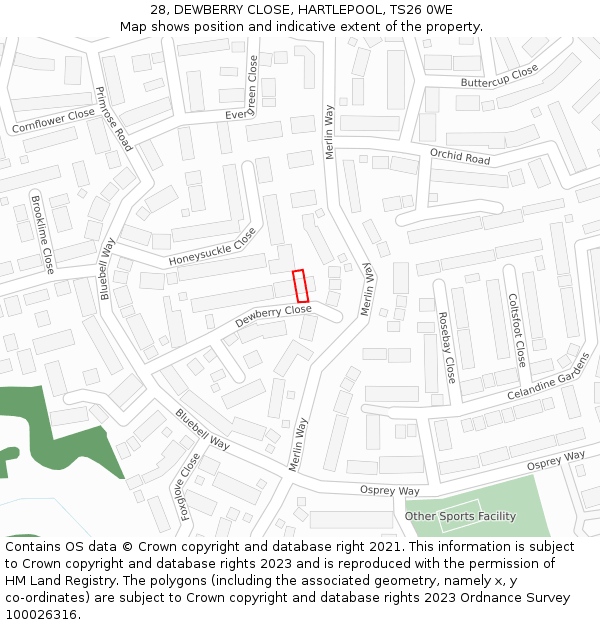 28, DEWBERRY CLOSE, HARTLEPOOL, TS26 0WE: Location map and indicative extent of plot