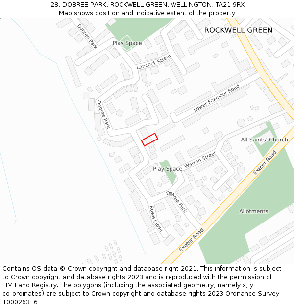 28, DOBREE PARK, ROCKWELL GREEN, WELLINGTON, TA21 9RX: Location map and indicative extent of plot