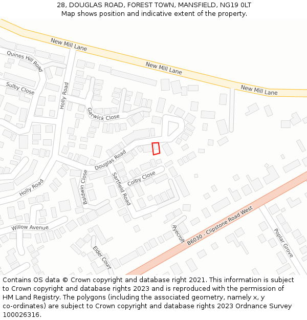 28, DOUGLAS ROAD, FOREST TOWN, MANSFIELD, NG19 0LT: Location map and indicative extent of plot