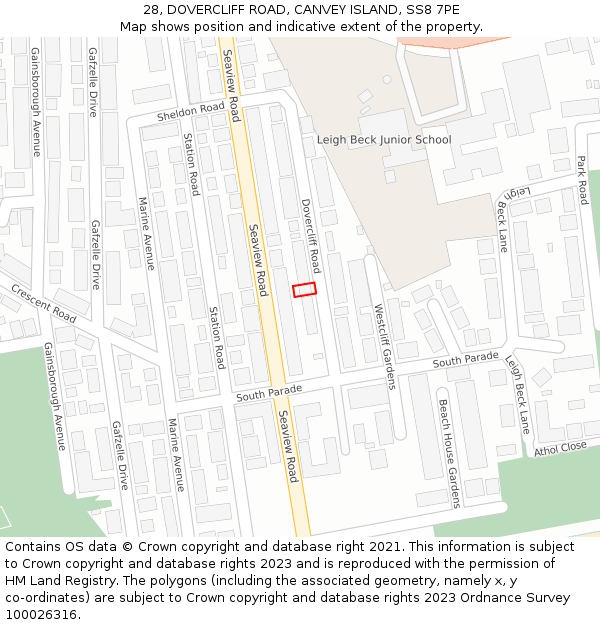 28, DOVERCLIFF ROAD, CANVEY ISLAND, SS8 7PE: Location map and indicative extent of plot