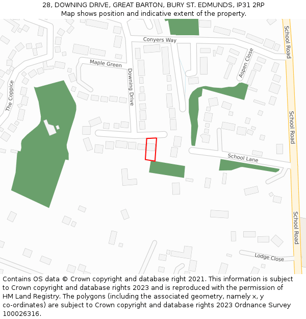 28, DOWNING DRIVE, GREAT BARTON, BURY ST. EDMUNDS, IP31 2RP: Location map and indicative extent of plot