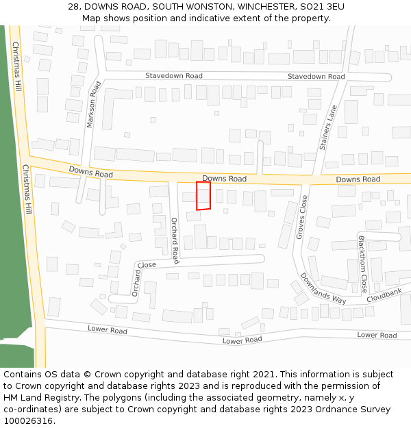 28, DOWNS ROAD, SOUTH WONSTON, WINCHESTER, SO21 3EU: Location map and indicative extent of plot