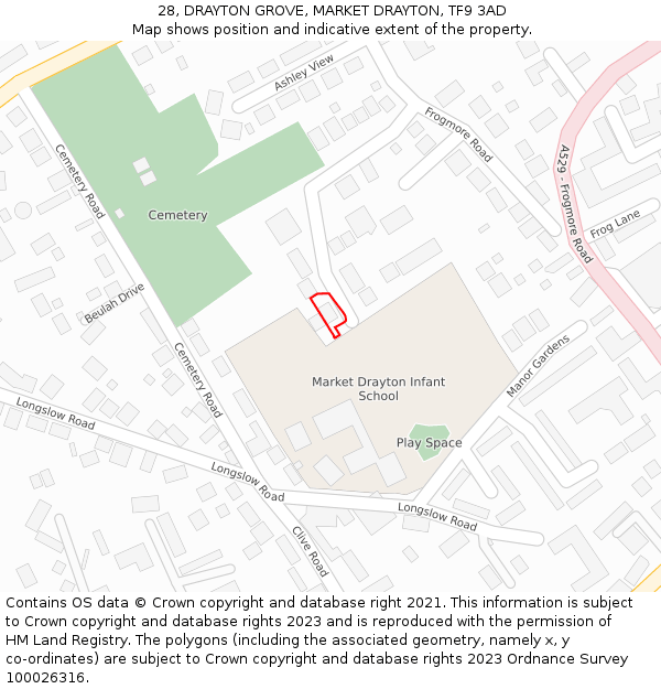 28, DRAYTON GROVE, MARKET DRAYTON, TF9 3AD: Location map and indicative extent of plot