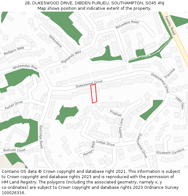 28, DUKESWOOD DRIVE, DIBDEN PURLIEU, SOUTHAMPTON, SO45 4NJ: Location map and indicative extent of plot