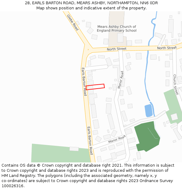 28, EARLS BARTON ROAD, MEARS ASHBY, NORTHAMPTON, NN6 0DR: Location map and indicative extent of plot