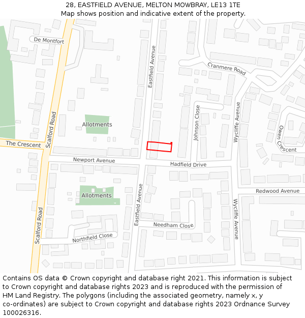 28, EASTFIELD AVENUE, MELTON MOWBRAY, LE13 1TE: Location map and indicative extent of plot