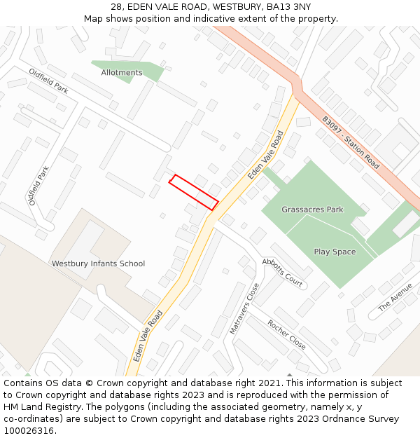 28, EDEN VALE ROAD, WESTBURY, BA13 3NY: Location map and indicative extent of plot