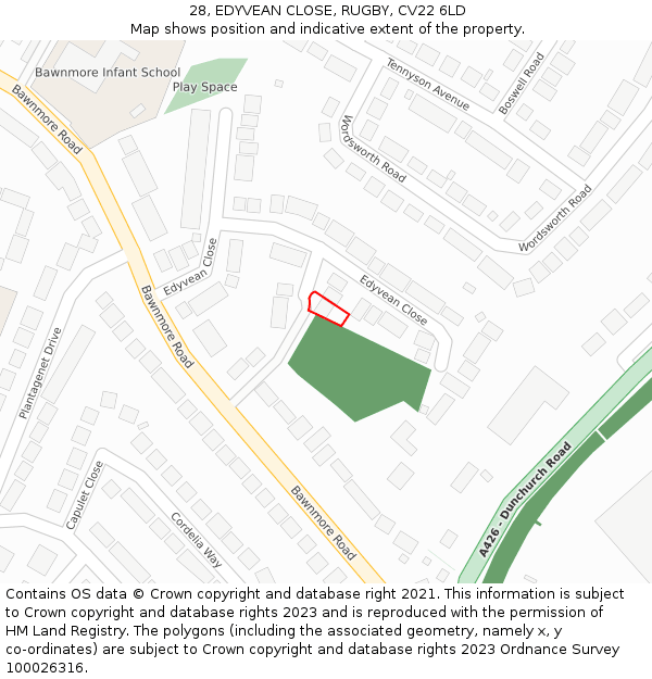 28, EDYVEAN CLOSE, RUGBY, CV22 6LD: Location map and indicative extent of plot