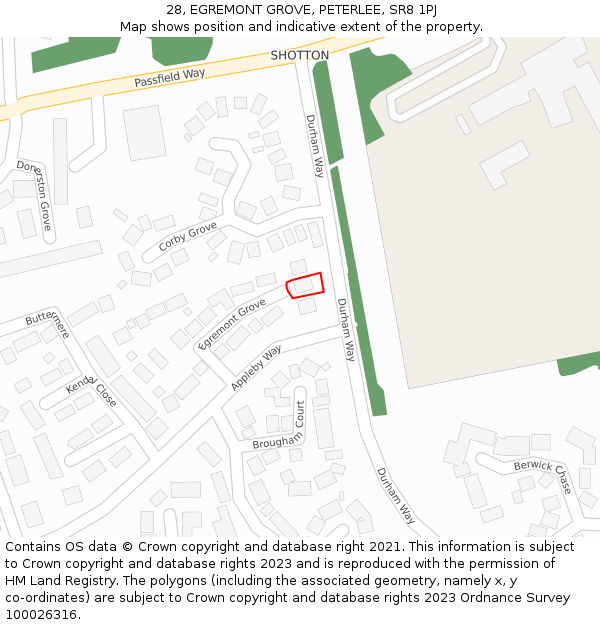 28, EGREMONT GROVE, PETERLEE, SR8 1PJ: Location map and indicative extent of plot