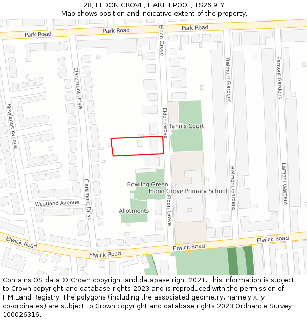 28, ELDON GROVE, HARTLEPOOL, TS26 9LY: Location map and indicative extent of plot