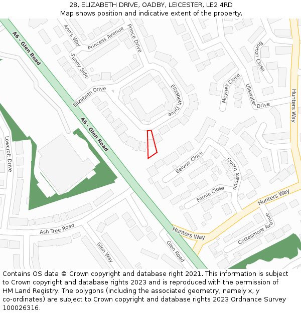 28, ELIZABETH DRIVE, OADBY, LEICESTER, LE2 4RD: Location map and indicative extent of plot