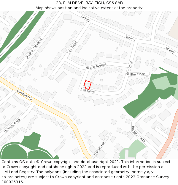 28, ELM DRIVE, RAYLEIGH, SS6 8AB: Location map and indicative extent of plot